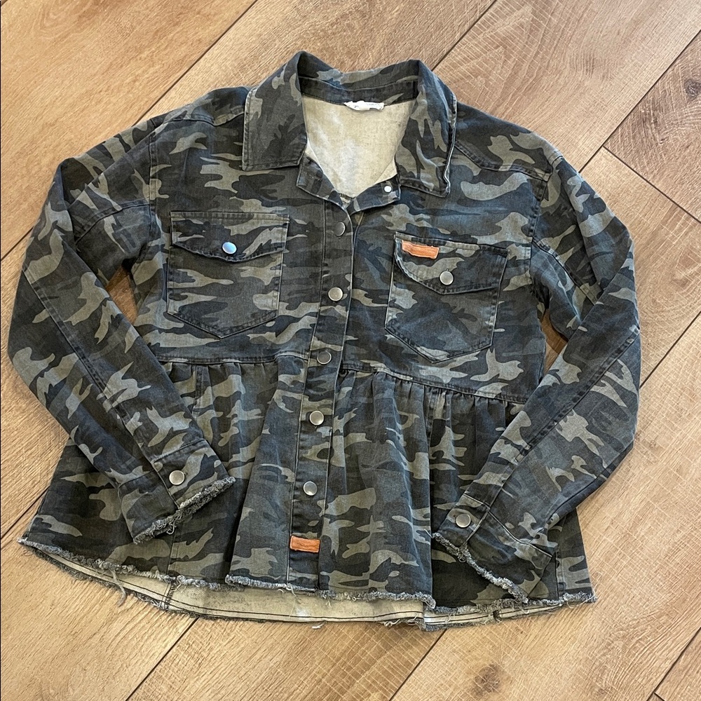 Mystree Camouflage Denim Peplum Jacket